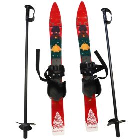 Snow Ski and Pole Set with Bindings 25.6" Ski Boards for Kids Age 2-4 Beginners, Blue (Color: Red)