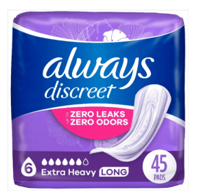 Always Discreet Incontinence Pads, Extra Heavy Absorbency, Long Length, 45 CT (Always: Always)
